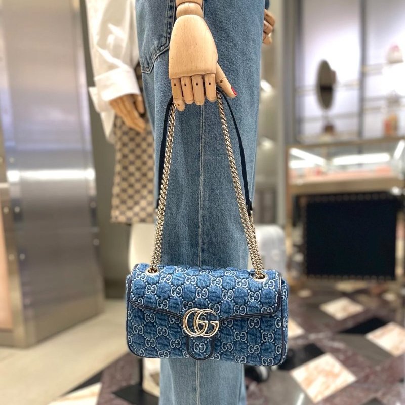 Gucci 443497 GG Marmont 小款 26公分雙G 金鍊包 - 藍色牛仔布與深藍色飾邊設計《當季專櫃正售★全新商品 》-3