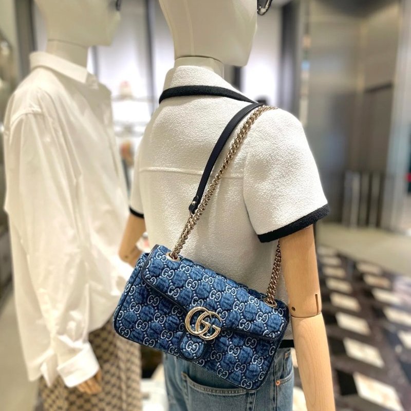 Gucci 443497 GG Marmont 小款 26公分雙G 金鍊包 - 藍色牛仔布與深藍色飾邊設計《當季專櫃正售★全新商品 》-4