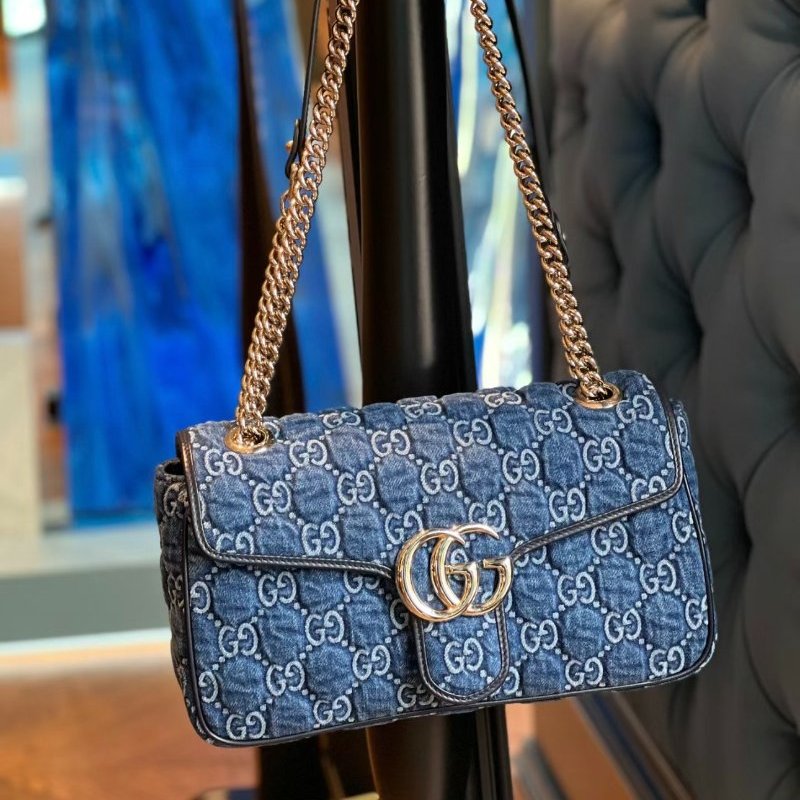 Gucci 443497 GG Marmont 小款 26公分雙G 金鍊包 - 藍色牛仔布與深藍色飾邊設計《當季專櫃正售★全新商品 》-5