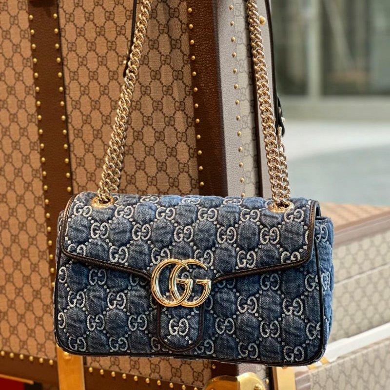 Gucci 443497 GG Marmont 小款 26公分雙G 金鍊包 - 藍色牛仔布與深藍色飾邊設計《當季專櫃正售★全新商品 》-6