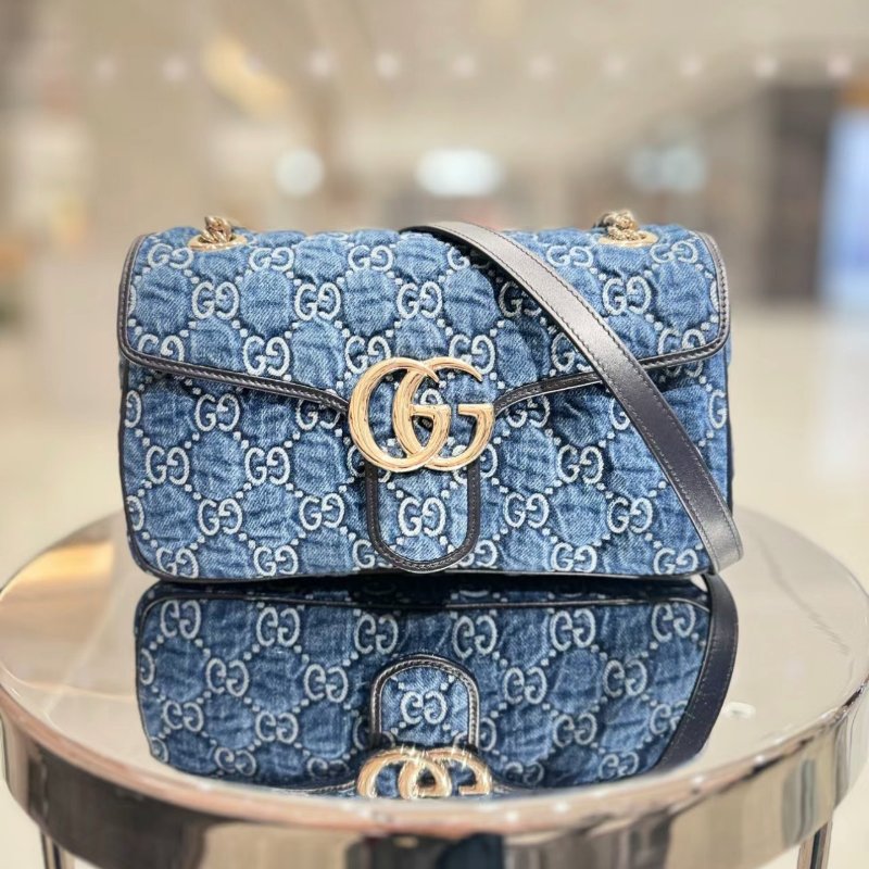 Gucci 443497 GG Marmont 小款 26公分雙G 金鍊包 - 藍色牛仔布與深藍色飾邊設計《當季專櫃正售★全新商品 》-7