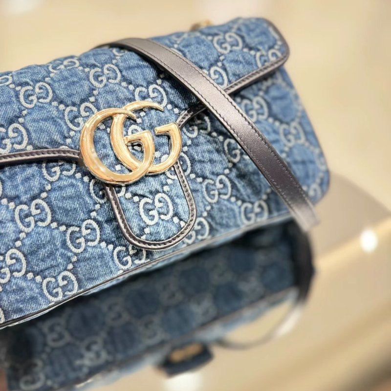 Gucci 443497 GG Marmont 小款 26公分雙G 金鍊包 - 藍色牛仔布與深藍色飾邊設計《當季專櫃正售★全新商品 》-8