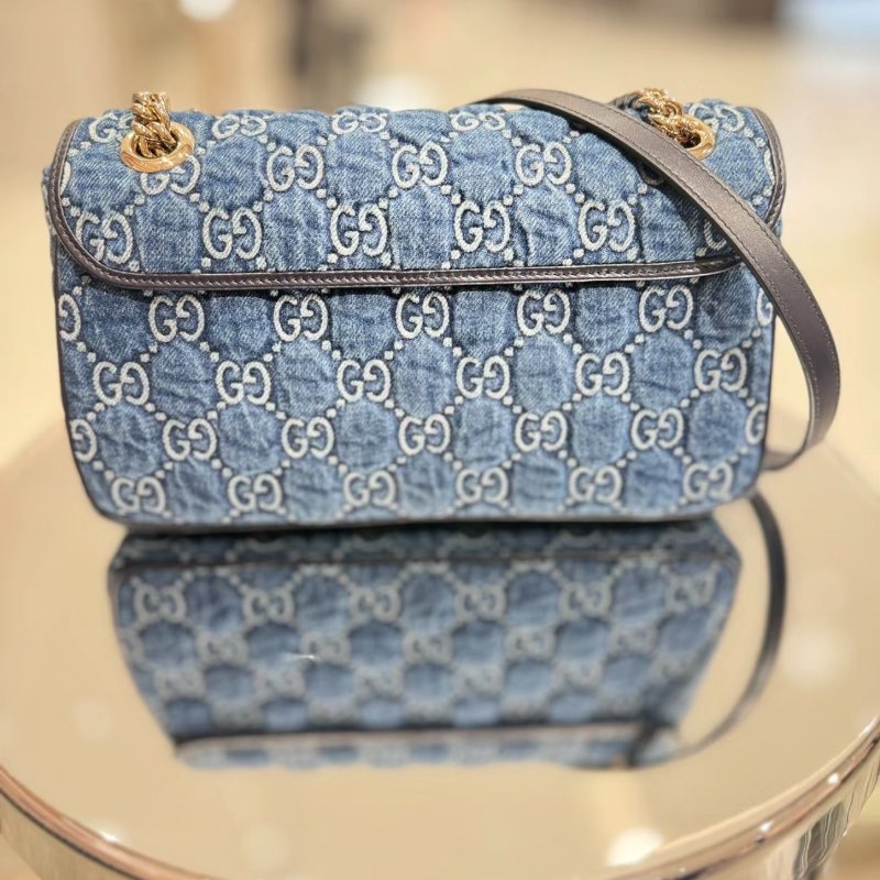 Gucci 443497 GG Marmont 小款 26公分雙G 金鍊包 - 藍色牛仔布與深藍色飾邊設計《當季專櫃正售★全新商品 》-9