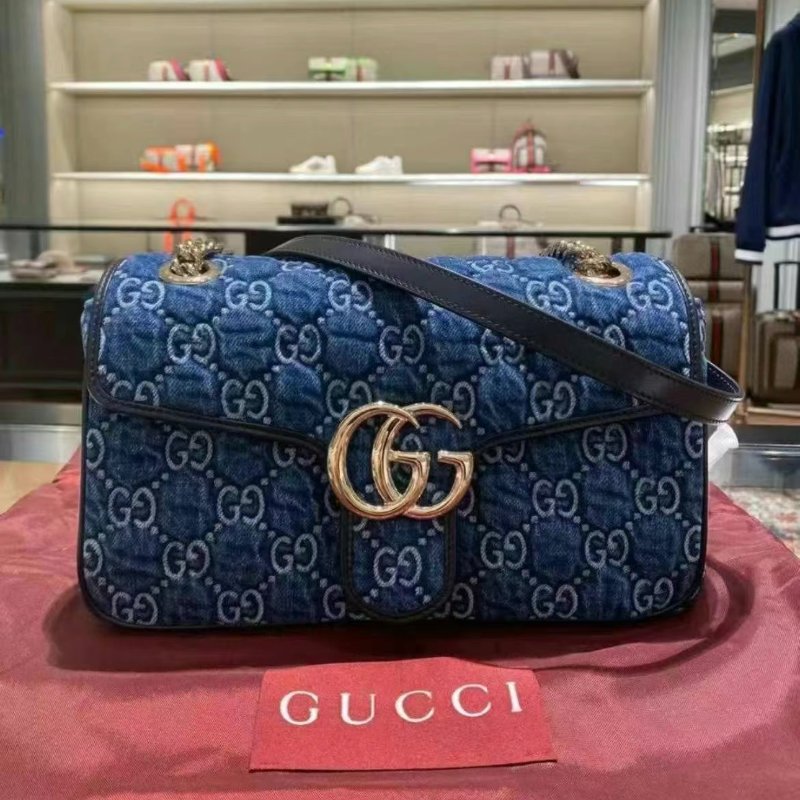 Gucci 443497 GG Marmont 小款 26公分雙G 金鍊包 - 藍色牛仔布與深藍色飾邊設計《當季專櫃正售★全新商品 》-10