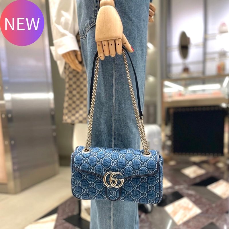 Gucci 443497 GG Marmont 小款 26公分雙G 金鍊包 - 藍色牛仔布與深藍色飾邊設計《當季專櫃正售★全新商品 》-0