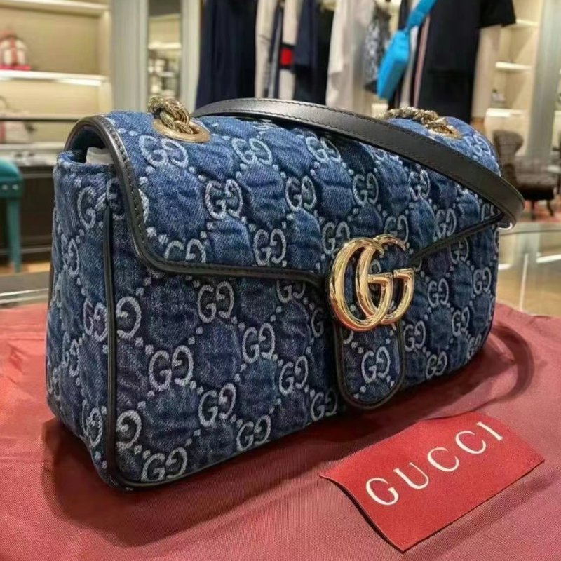 Gucci 443497 GG Marmont 小款 26公分雙G 金鍊包 - 藍色牛仔布與深藍色飾邊設計《當季專櫃正售★全新商品 》-11