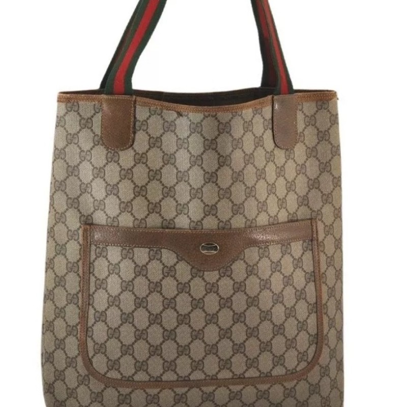 ［二奢良品✨️］GUCCI 經典Web Sherry Line 棕色PVC皮革肩背托特包 - 型號 5766K-0