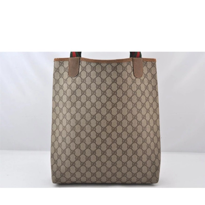 ［二奢良品✨️］GUCCI 經典Web Sherry Line 棕色PVC皮革肩背托特包 - 型號 5766K-2