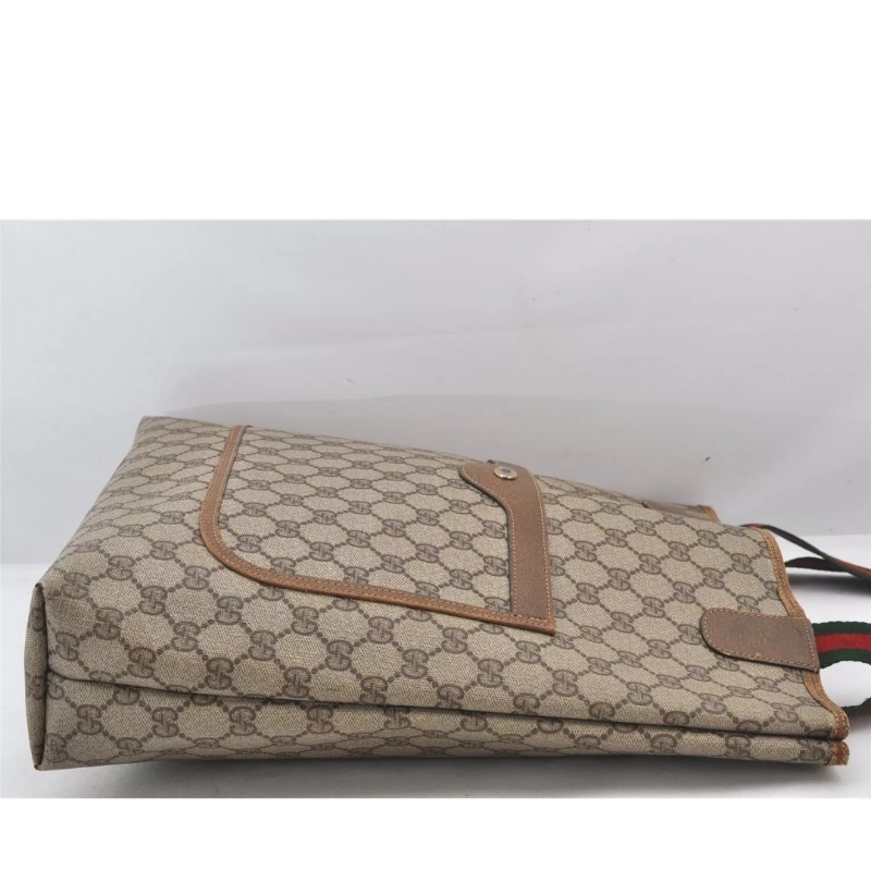 ［二奢良品✨️］GUCCI 經典Web Sherry Line 棕色PVC皮革肩背托特包 - 型號 5766K-3