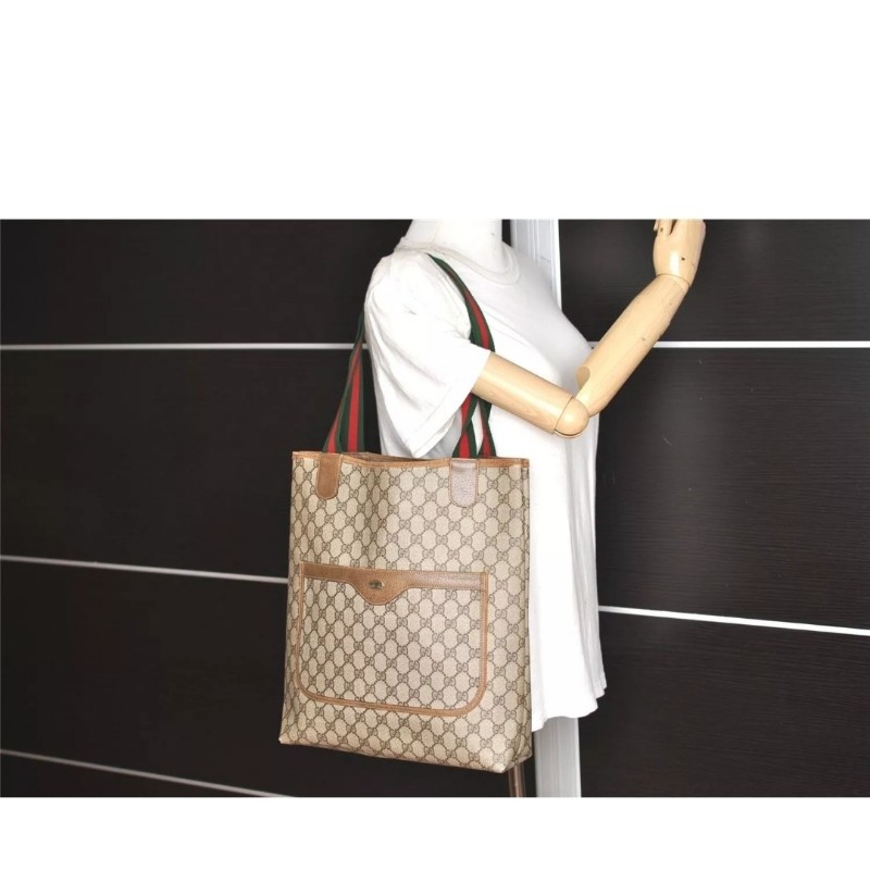 ［二奢良品✨️］GUCCI 經典Web Sherry Line 棕色PVC皮革肩背托特包 - 型號 5766K-4