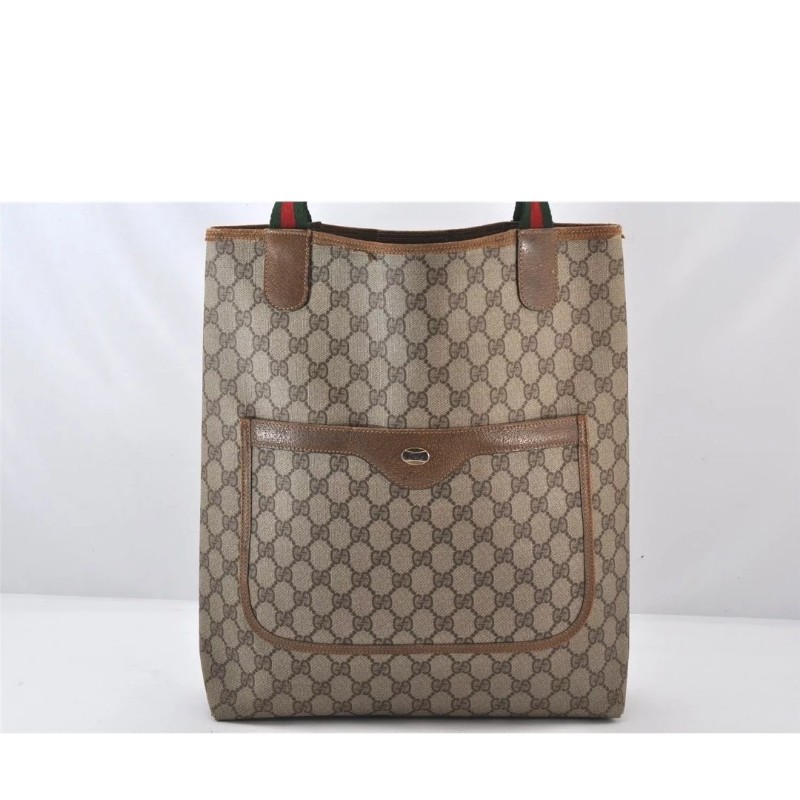 ［二奢良品✨️］GUCCI 經典Web Sherry Line 棕色PVC皮革肩背托特包 - 型號 5766K-6