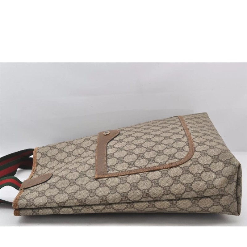 ［二奢良品✨️］GUCCI 經典Web Sherry Line 棕色PVC皮革肩背托特包 - 型號 5766K-8