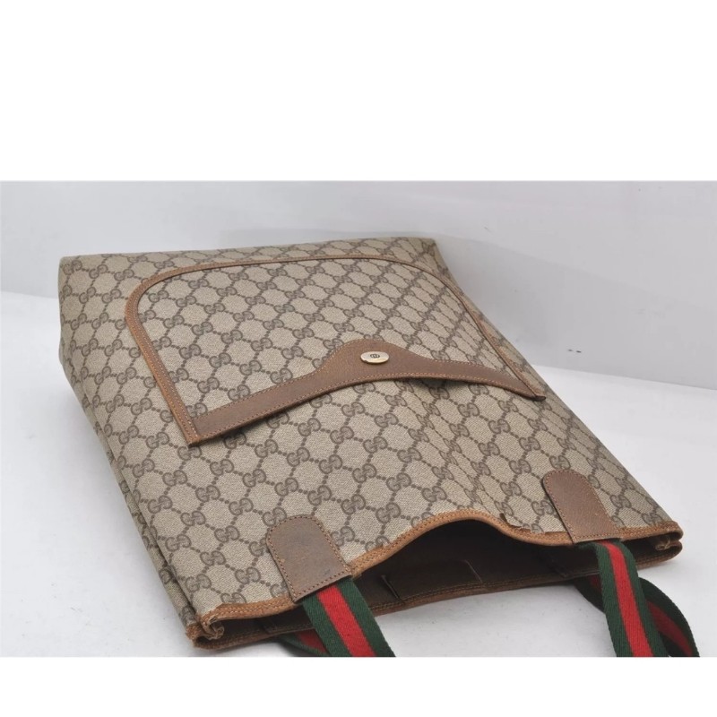 ［二奢良品✨️］GUCCI 經典Web Sherry Line 棕色PVC皮革肩背托特包 - 型號 5766K-9