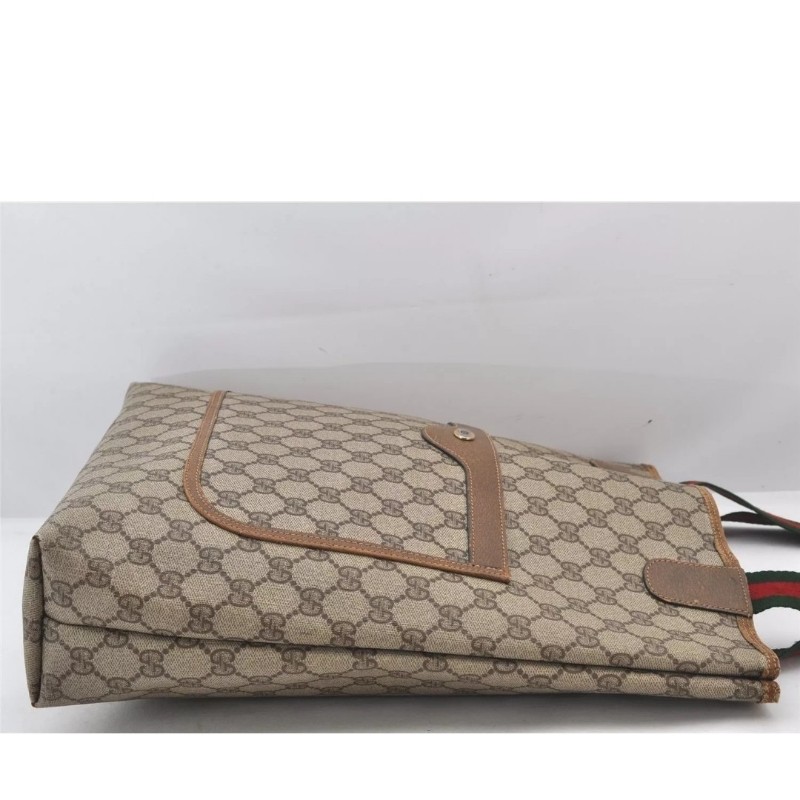 ［二奢良品✨️］GUCCI 經典Web Sherry Line 棕色PVC皮革肩背托特包 - 型號 5766K-10