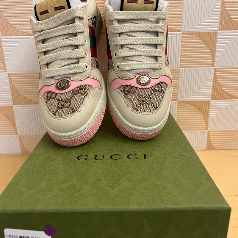 GUCCI Screener皮革拼接水晶雙G髒髒運動鞋-0