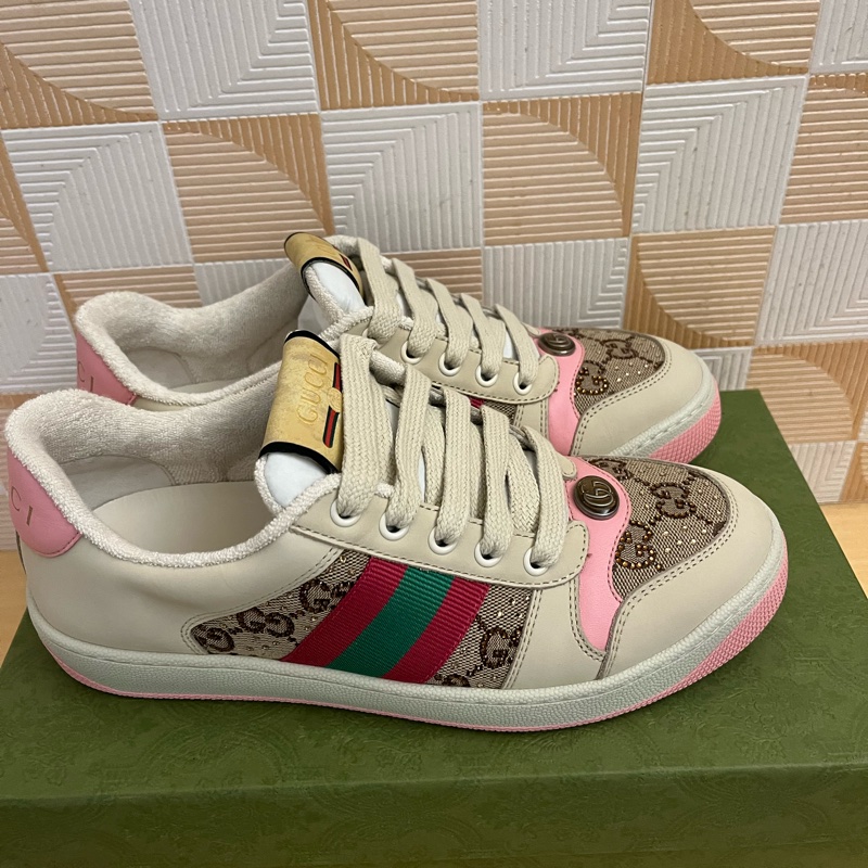 GUCCI Screener皮革拼接水晶雙G髒髒運動鞋-1