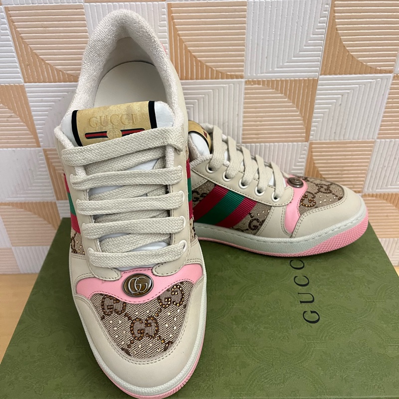 GUCCI Screener皮革拼接水晶雙G髒髒運動鞋-2