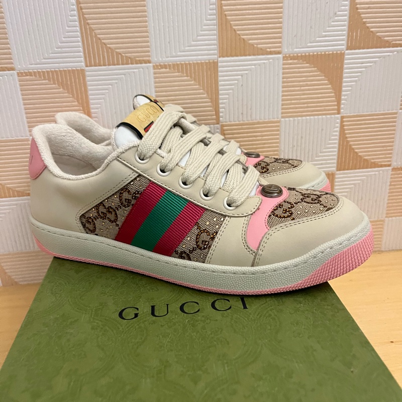 GUCCI Screener皮革拼接水晶雙G髒髒運動鞋-3