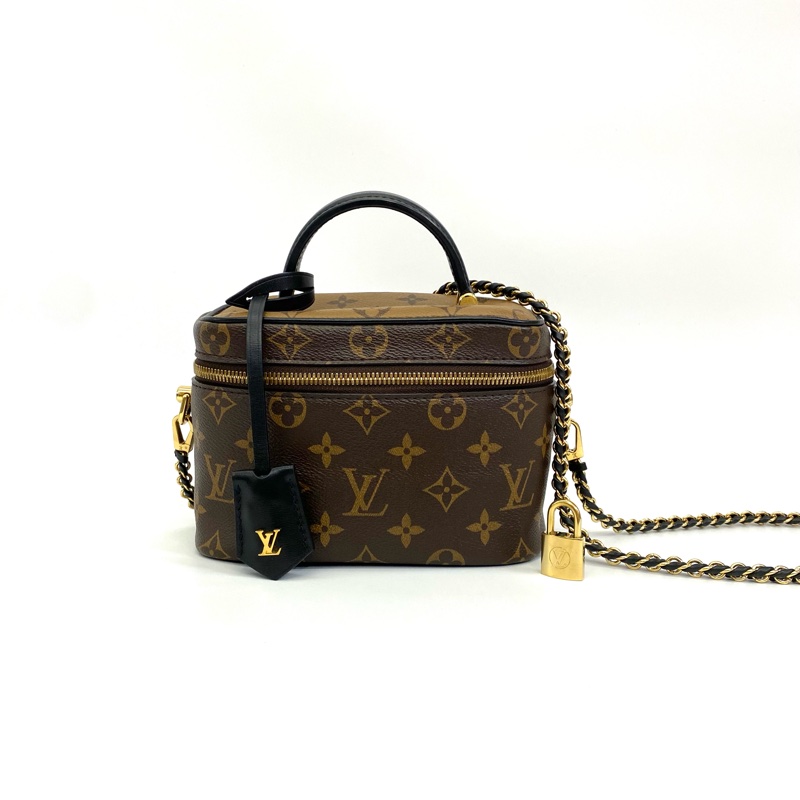 LV Vanity PM雙色老花皮穿鍊手提斜背化妝包晶片款 約88新-0