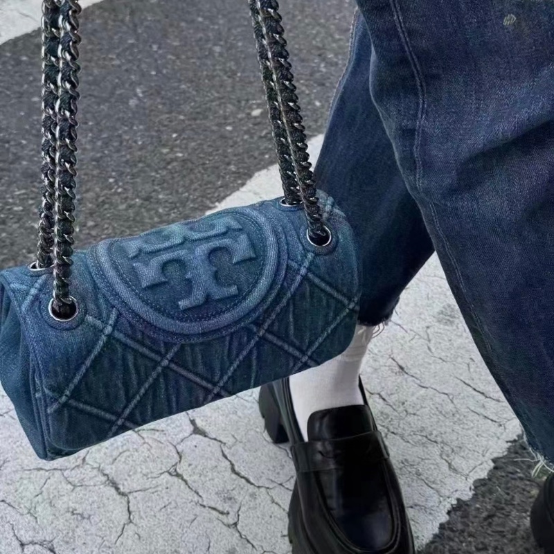 全新TORY BURCH Fleming 小號單寧菱形褶襉浮雕雙TLogo 單肩手提斜挎包-1