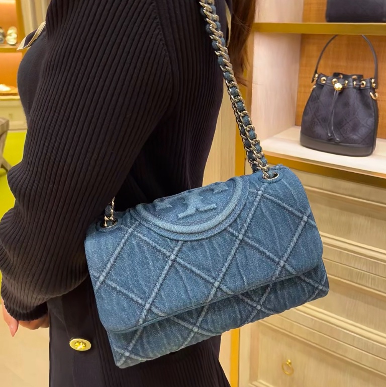 全新TORY BURCH Fleming 小號單寧菱形褶襉浮雕雙TLogo 單肩手提斜挎包-2