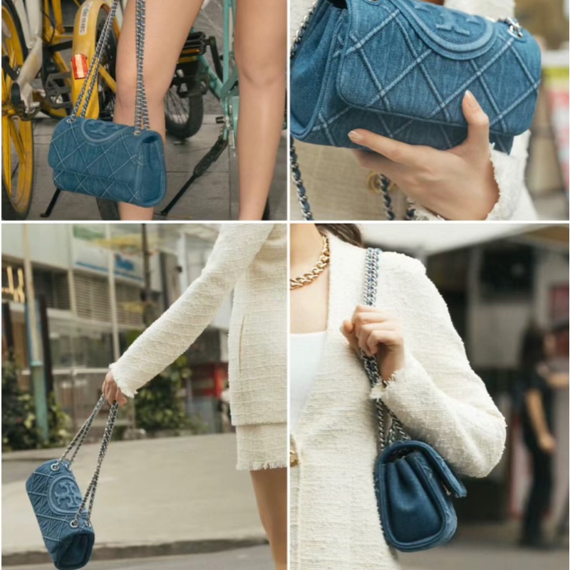 全新TORY BURCH Fleming 小號單寧菱形褶襉浮雕雙TLogo 單肩手提斜挎包-3