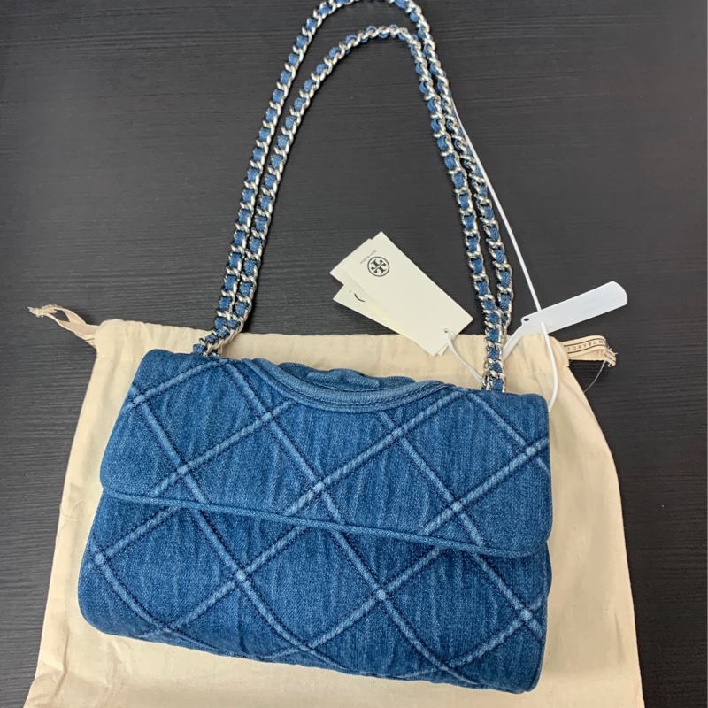 全新TORY BURCH Fleming 小號單寧菱形褶襉浮雕雙TLogo 單肩手提斜挎包-4