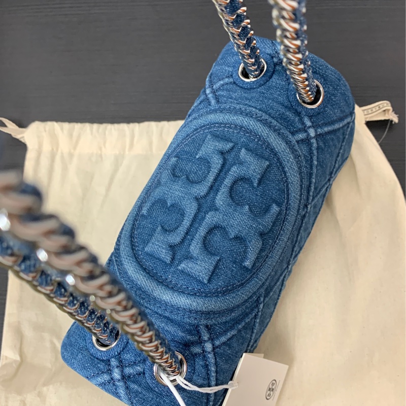 全新TORY BURCH Fleming 小號單寧菱形褶襉浮雕雙TLogo 單肩手提斜挎包-5