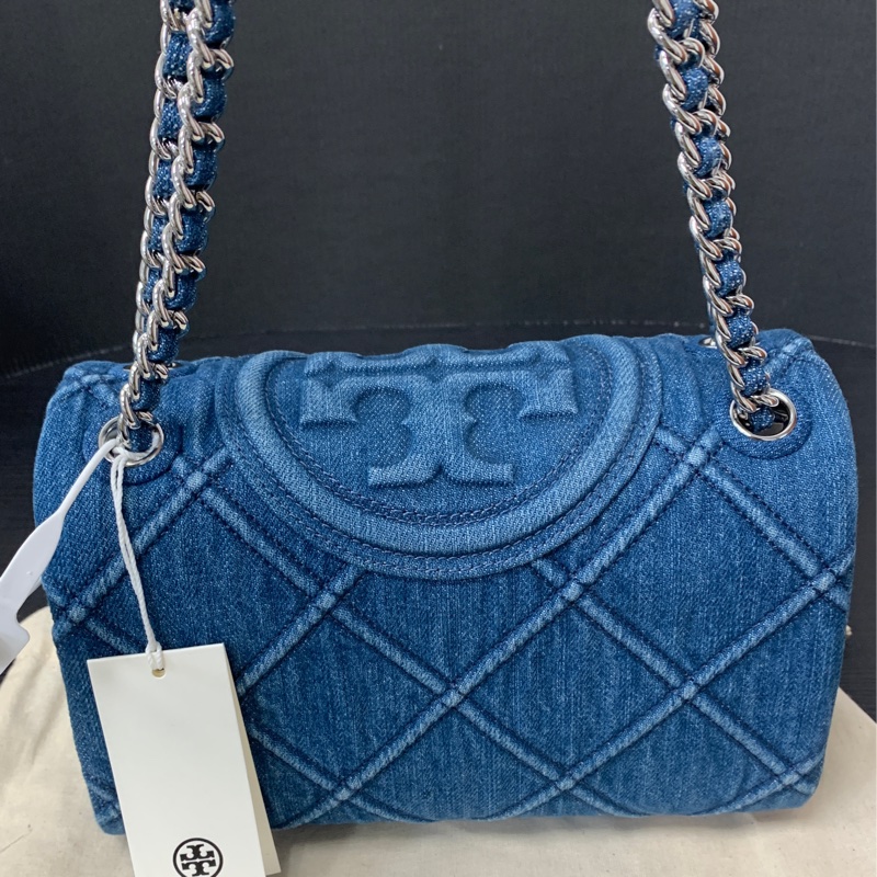 全新TORY BURCH Fleming 小號單寧菱形褶襉浮雕雙TLogo 單肩手提斜挎包-6