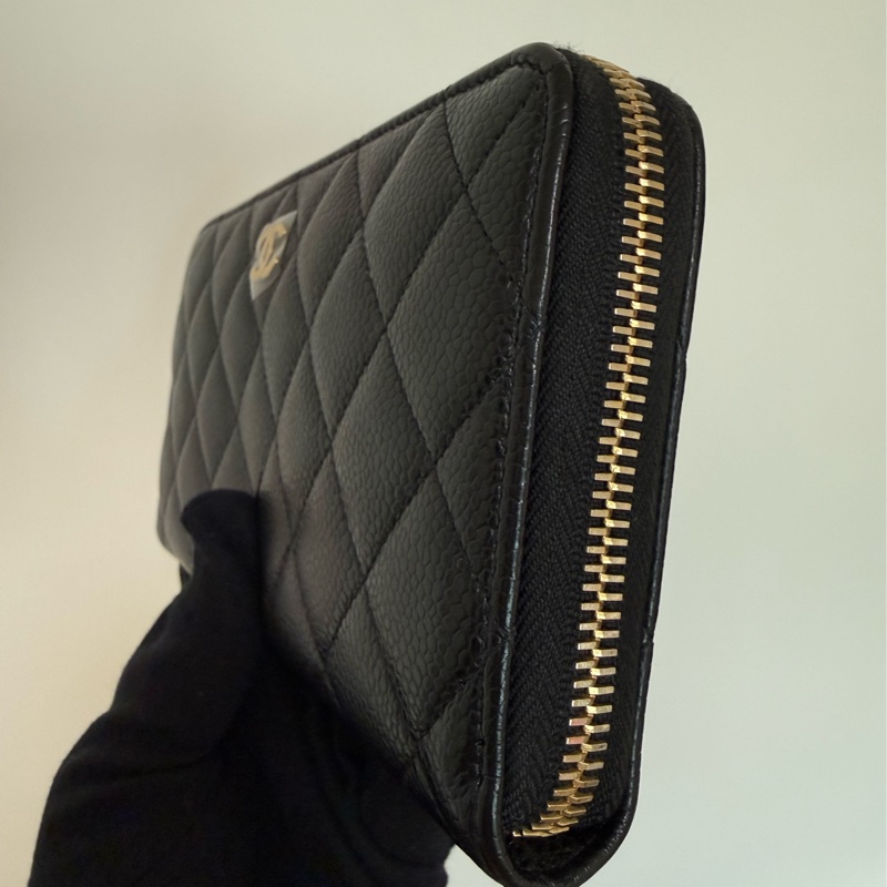 Chanel 經典黑金荔枝牛皮 ㄇ字拉鍊長夾 香奈兒-12