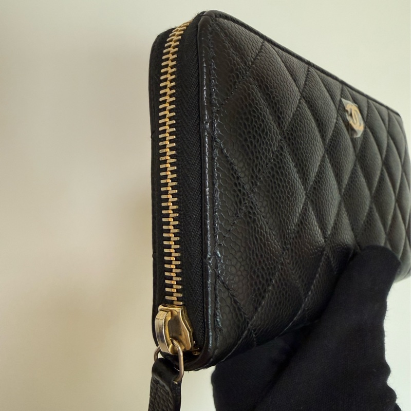 Chanel 經典黑金荔枝牛皮 ㄇ字拉鍊長夾 香奈兒-13