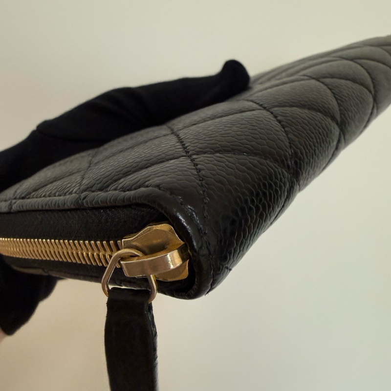 Chanel 經典黑金荔枝牛皮 ㄇ字拉鍊長夾 香奈兒-17