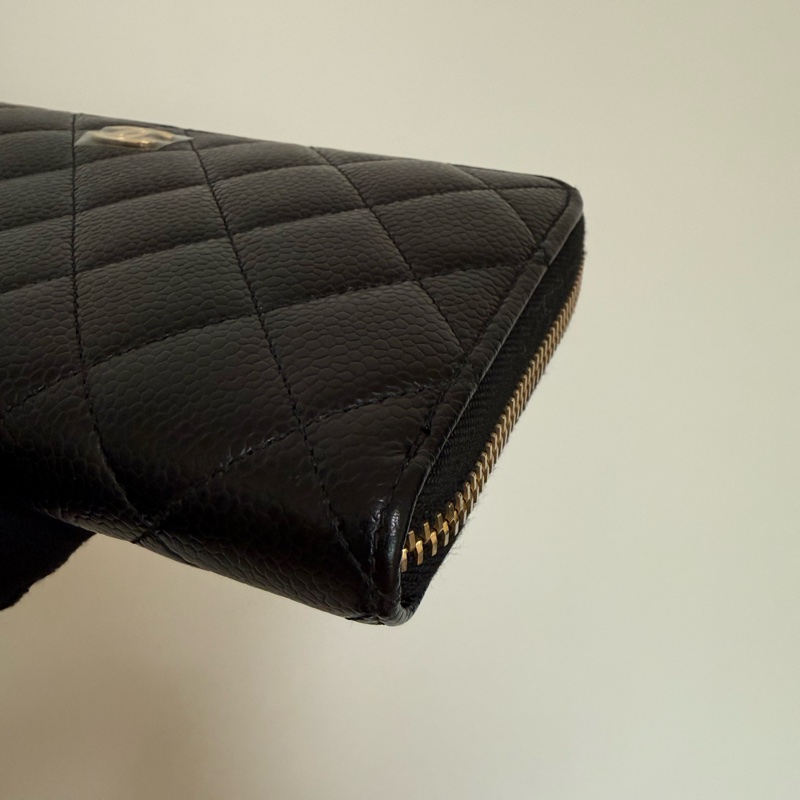 Chanel 經典黑金荔枝牛皮 ㄇ字拉鍊長夾 香奈兒-18