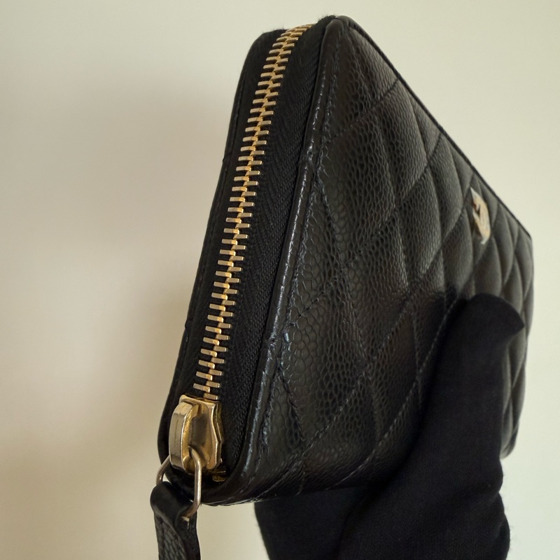 Chanel 經典黑金荔枝牛皮 ㄇ字拉鍊長夾 香奈兒-23