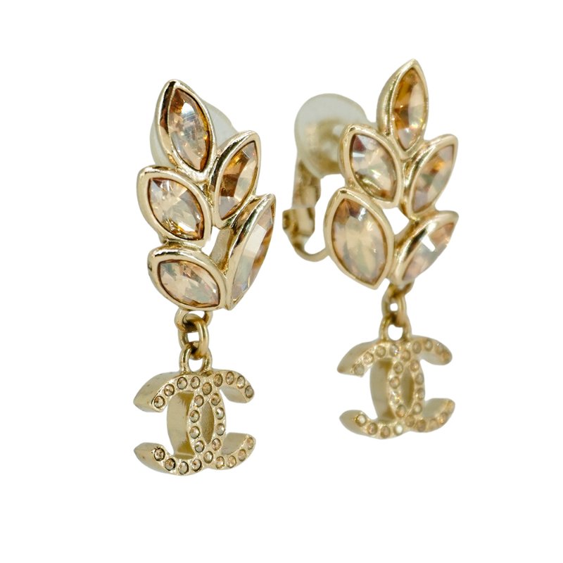 Chanel 麥穗雙C鑽夾式耳環(淡金)-2