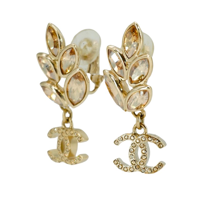 Chanel 麥穗雙C鑽夾式耳環(淡金)-3