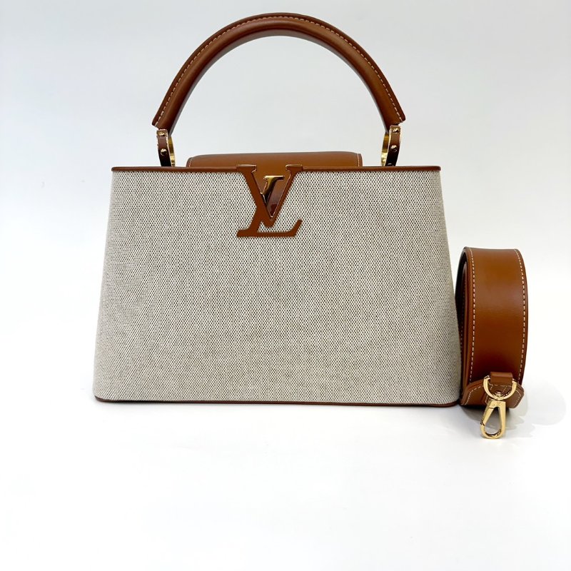 LV Capucines帆布拚焦糖色牛皮手提包M57361-0