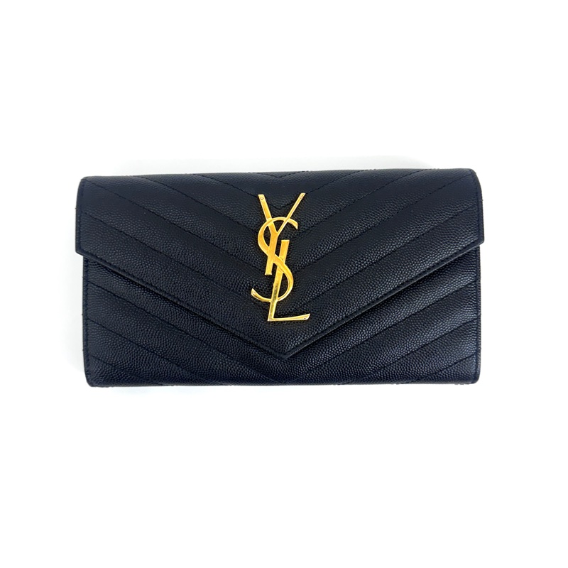 YSL 黑荔枝牛皮信封式12卡長夾 約9新-5