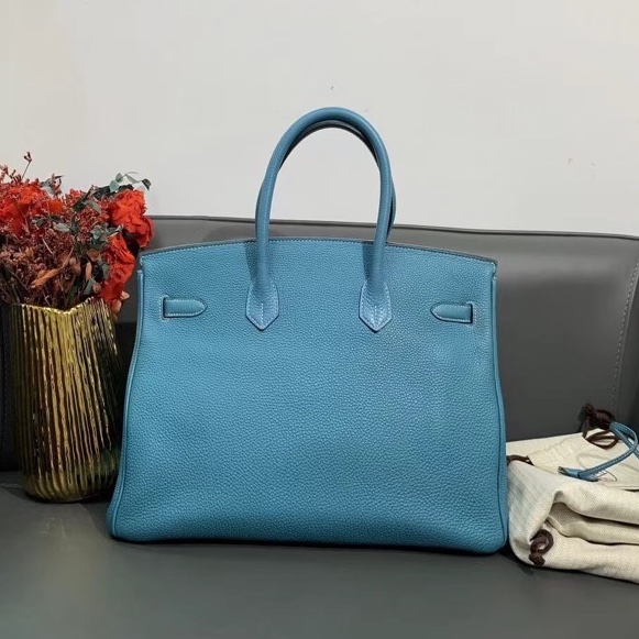 Hermes愛馬仕birkin35牛仔藍togo皮銀扣n刻 手提包-1