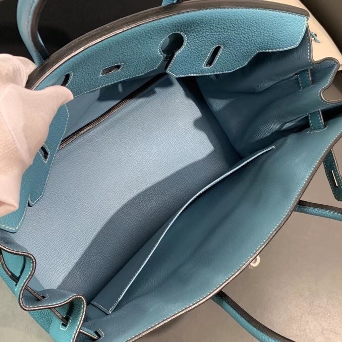Hermes愛馬仕birkin35牛仔藍togo皮銀扣n刻 手提包-6