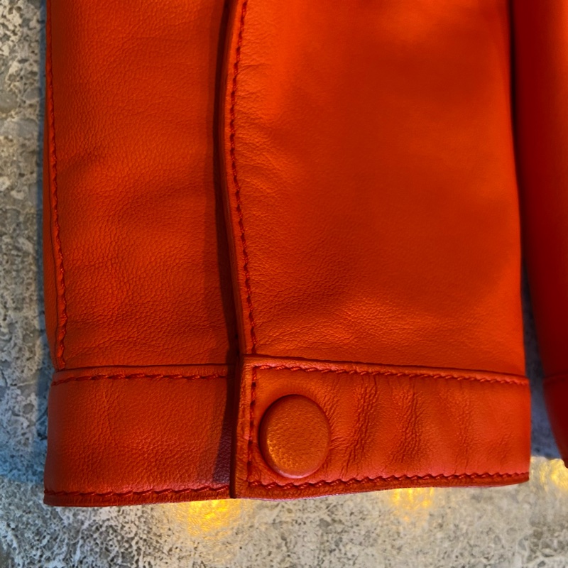 【美收精品】Hermes 品牌標準色 橘紅皮衣外套 銀釦 98-149-7