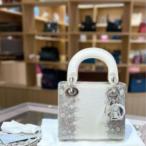 Dior 迪奧 三格 喜馬拉雅原色蜥蜴皮戴妃包銀扣 手提斜挎包