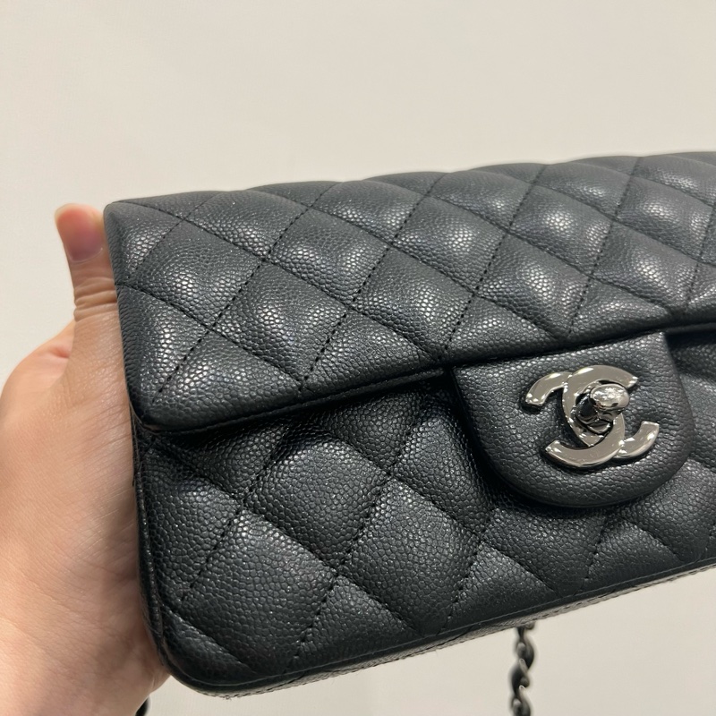 Chanel 香奈兒 珠光 荔枝牛皮cf20 coco20黑 灰銀釦-11