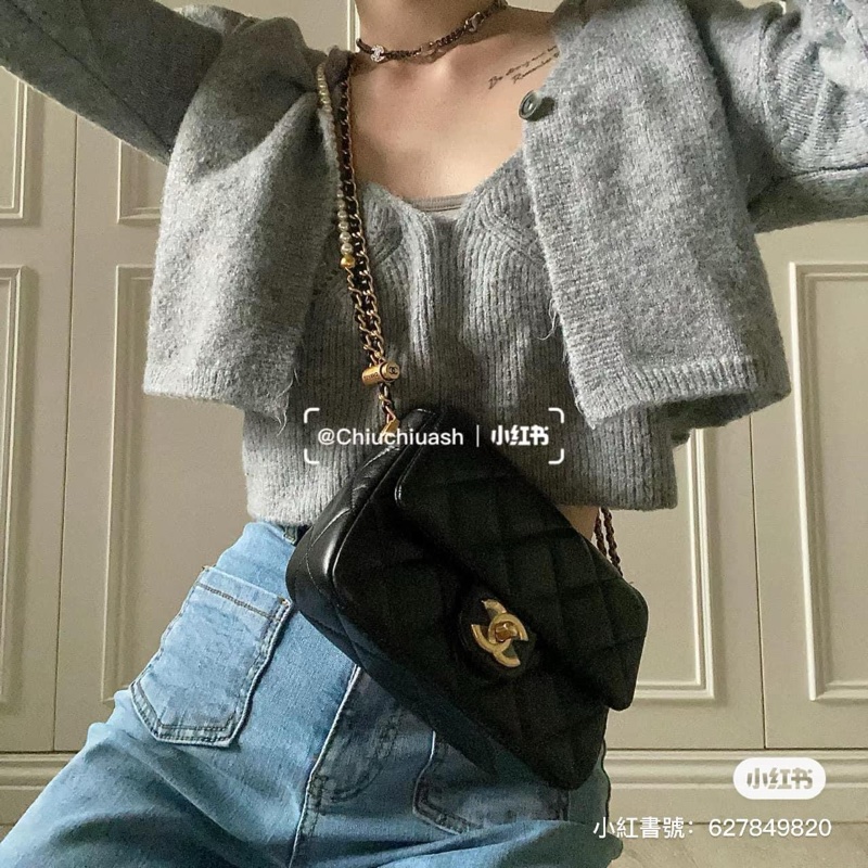 Chanel 珍珠鏈風衣調節釦 羊皮方胖子(芯片款）-1