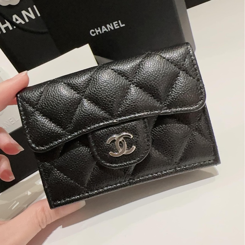香奈兒Chanel 經典荔枝皮口蓋黑銀三折皮夾-7