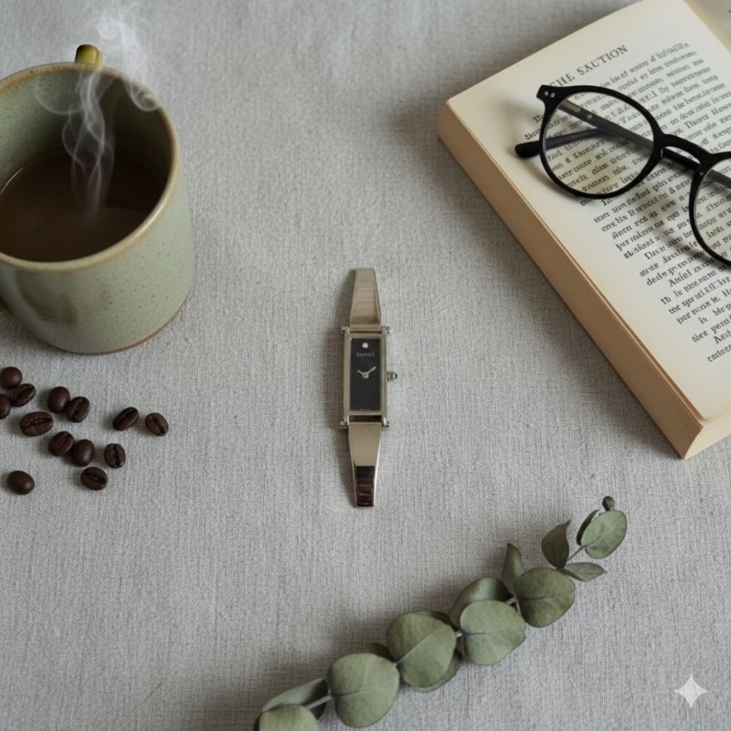 Gucci 1500L 美鑽黑色馬銜手環錶-12