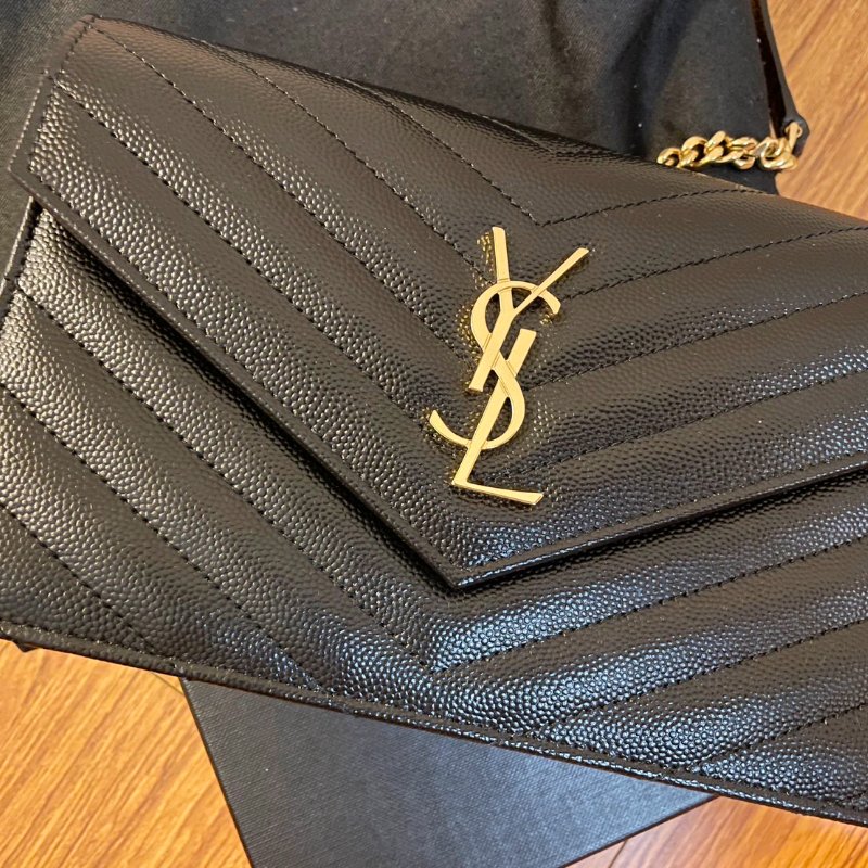 YSL SAINT LAURENT 百搭經典 黑金 鍊條包 魚子醬牛皮 WOC 19CM-0