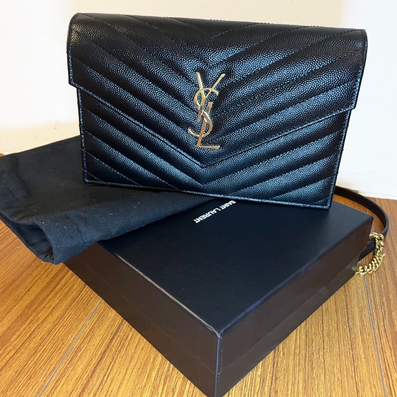 YSL SAINT LAURENT 百搭經典 黑金 鍊條包 魚子醬牛皮 WOC 19CM-5