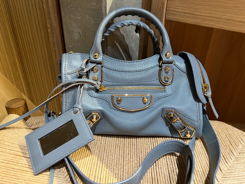 巴黎世家Balenciaga 霧霾藍金釦小山羊皮 機車包 mini尺寸-0