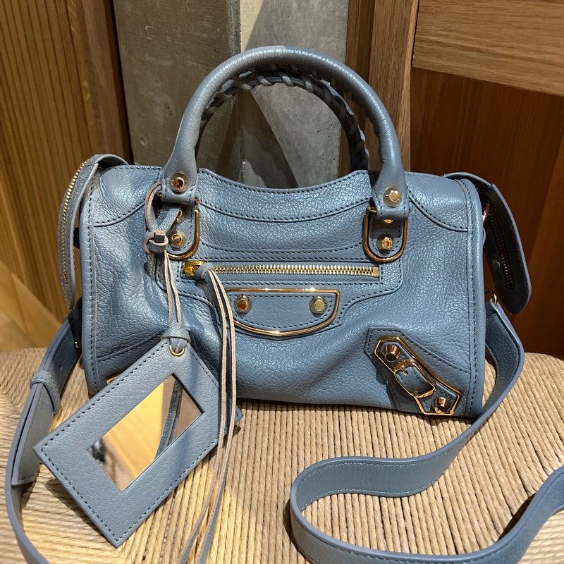 巴黎世家Balenciaga 霧霾藍金釦小山羊皮 機車包 mini尺寸-8